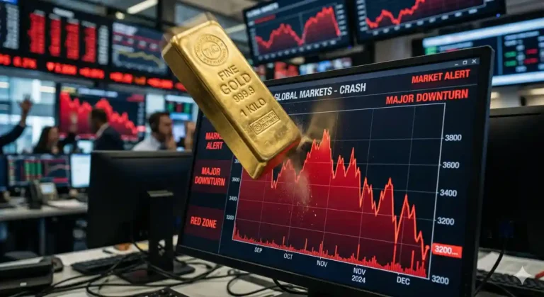 un lingote de oro cayendo sobre un grafico financiero rojo simbolizando la caida del oro guerra iran